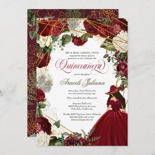 Invitation Quinceanera élégant charro bordeaux blanc fleuri i (Devant / Derrière)