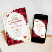 Invitation Quinceanera Elegant Chic Red Roses Or