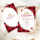 Invitation Quinceanera Elegant Chic Red Roses Or