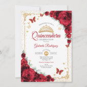 Invitation Quinceanera Elegant Chic Red Roses Or (Devant)