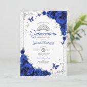 Invitation  Quinceanera Elegant Chic Royal Blue Roses Silver (Debout devant)