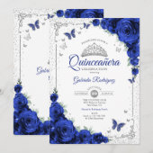 Invitation  Quinceanera Elegant Chic Royal Blue Roses Silver (Devant / Derrière)
