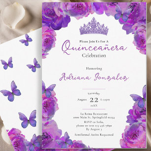 Invitation Quinceanera Élégant Diadème Floral Violet XV 15