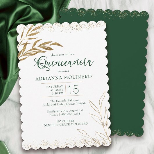 Invitation Quinceanera Elegant Emerald Vert et Feuille d'or