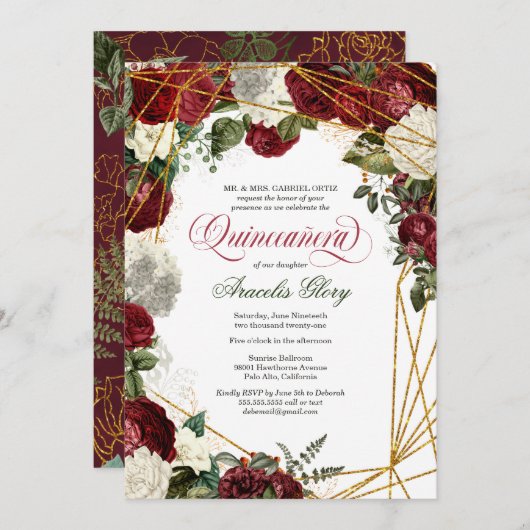 Invitation Quinceanera élégant vert blanc vert bordeaux flora (Devant / Derrière)