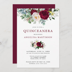 Invitation Quinceanera Elégante aquarelle Bourgogne Floral