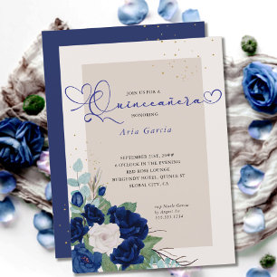 Invitation Quinceanera élégante aux roses bleues royales et i