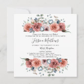 Invitation Quinceanera élégante, floral bleu poussiéreux et r (Devant)