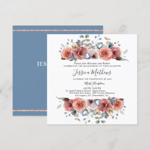 Invitation Quinceanera élégante, floral bleu poussiéreux et r