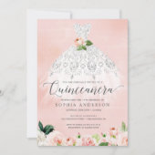 Invitation Quinceañera Elégante robe florale 15e Anniversaire (Devant)