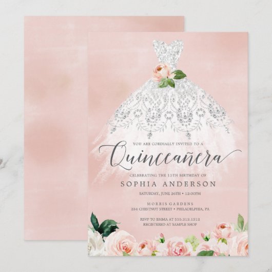 Invitation Quinceañera Elégante robe florale 15e Anniversaire (Devant / Derrière)