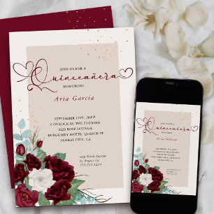Invitation Quinceanera Élégante Roses Rouge Bourgogne et Ivoi