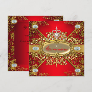 Invitation Quinceañera Élite Rouge Or Royal Damassé Fête des 