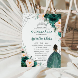 Invitation Quinceañera Emerald Blush Floral Brown Princesse