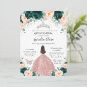Invitation Quinceañera Emerald Blush Floral Princess Silver (Debout devant)