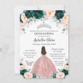 Invitation Quinceañera Emerald Blush Floral Princess Silver (Devant)