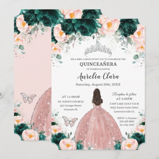 Invitation Quinceañera Emerald Blush Floral Princess Silver (Devant / Derrière)
