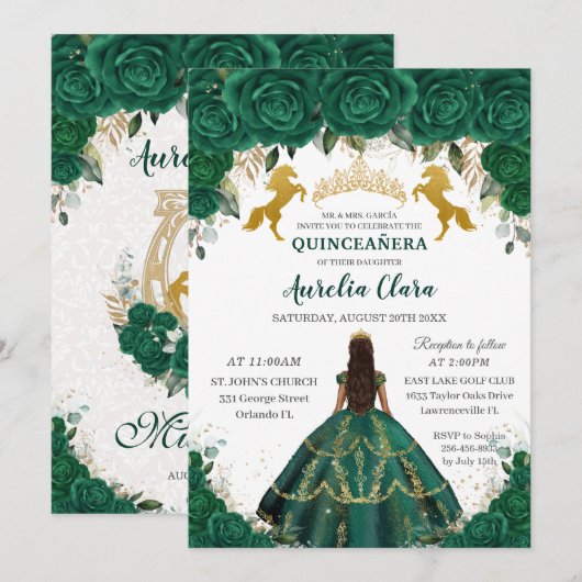 Invitation Quinceañera Emerald Floral Princess Gold Hors (Devant / Derrière)