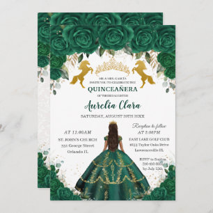 Invitation Quinceañera Emerald Floral Princess Gold Hors