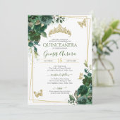 Invitation Quinceañera Emerald Forest Green Gold Butterfly (Debout devant)