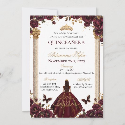 Invitation Quinceañera Emerald Gold Burgundy Princesse Rose (Devant)
