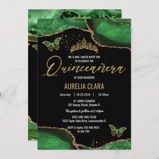 Invitation Quinceañera Emerald Green Agate Marbre Papillons (Devant / Derrière)