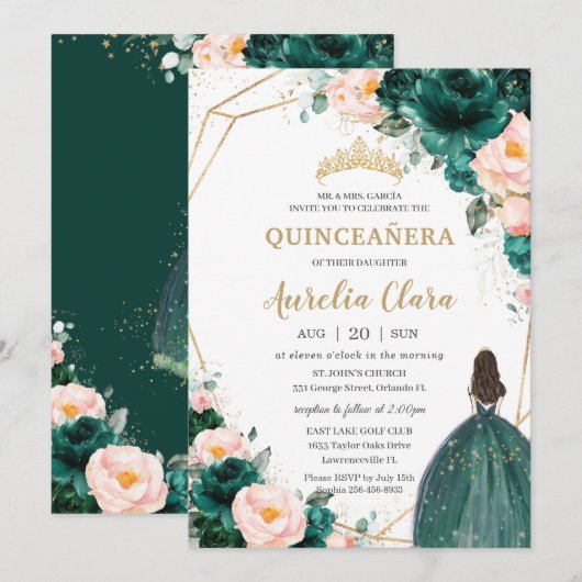 Invitation Quinceañera Emerald Green Blush Floral Princess (Devant / Derrière)