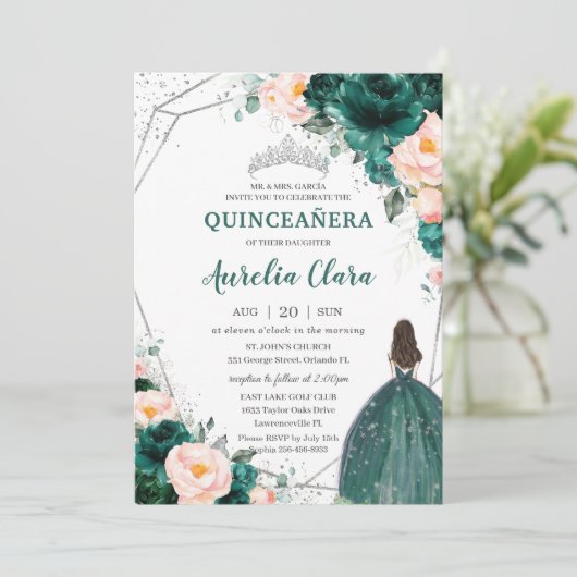 Invitation Quinceañera Emerald Green Blush Floral Princess (Debout devant)