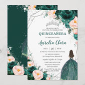 Invitation Quinceañera Emerald Green Blush Floral Princess (Devant / Derrière)
