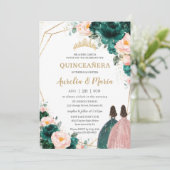 Invitation Quinceañera Emerald Green Blush Floral Twins (Debout devant)