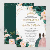 Invitation Quinceañera Emerald Green Blush Floral Twins (Devant / Derrière)