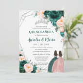 Invitation Quinceañera Emerald Green Blush Floral Twins (Debout devant)