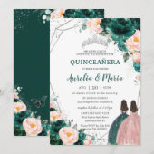 Invitation Quinceañera Emerald Green Blush Floral Twins (Devant / Derrière)