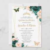 Invitation Quinceañera Emerald Green Blush Floral Twins (Devant)