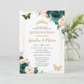 Invitation Quinceañera Emerald Green Blush Floral Twins (Debout devant)