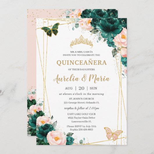 Invitation Quinceañera Emerald Green Blush Floral Twins (Devant / Derrière)