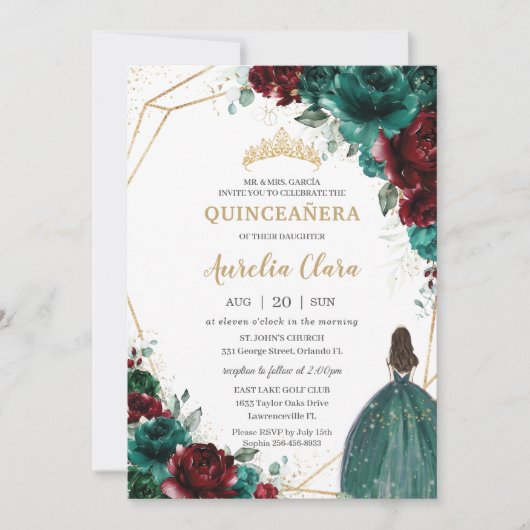 Invitation Quinceañera Emerald Green Bourgogne Floral Or (Devant)