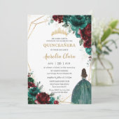 Invitation Quinceañera Emerald Green Bourgogne Floral Or (Debout devant)