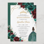 Invitation Quinceañera Emerald Green Bourgogne Floral Or (Devant / Derrière)