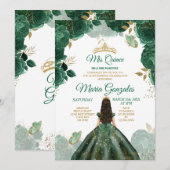 Invitation Quinceañera Emerald Green Butterfly Gold Crown (Devant / Derrière)