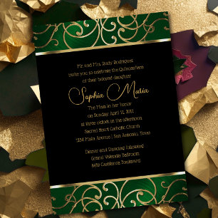 Invitation Quinceañera Emerald Green et Gold Filigree