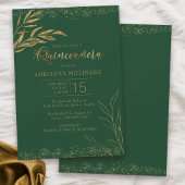 Invitation Quinceanera Emerald Green et Gold Leaf Élégant