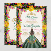 Invitation Quinceanera Emerald Green Fleur colorée Anniversai (Devant / Derrière)