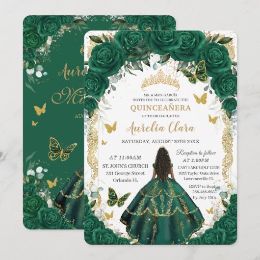 Invitation Quinceañera Emerald Green Floral Brown Princess  (Devant / Derrière)