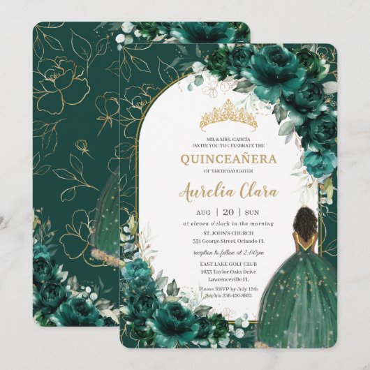 Invitation Quinceañera Emerald Green Floral Brown Princesse (Devant / Derrière)