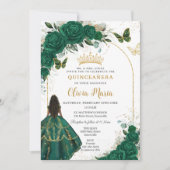Invitation Quinceañera Emerald Green Floral Brown Princesse (Devant)