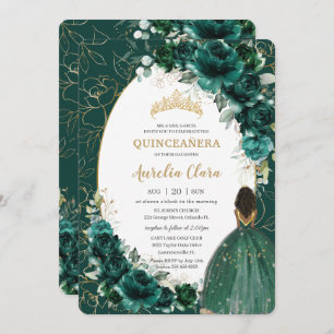Invitation Quinceañera Emerald Green Floral Brown Princesse
