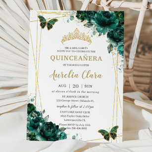 Invitation Quinceañera Emerald Green Floral Butterflies Tiara
