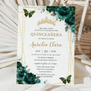 Invitation Quinceañera Emerald Green Floral Butterflies Tiara