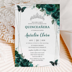 Invitation Quinceañera Emerald Green Floral Butterflies Tiara